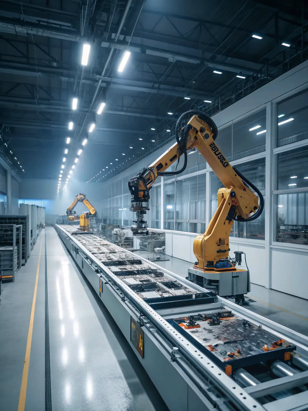 A high-tech manufacturing plant with robotic arms assembling components, symbolizing the manufacturing industry's need for efficient and innovative processes.