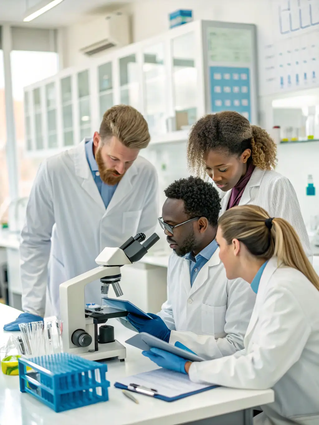 A diverse group of scientists and engineers collaborating in a modern laboratory setting, representing the pharmaceutical industry's focus on research and development.