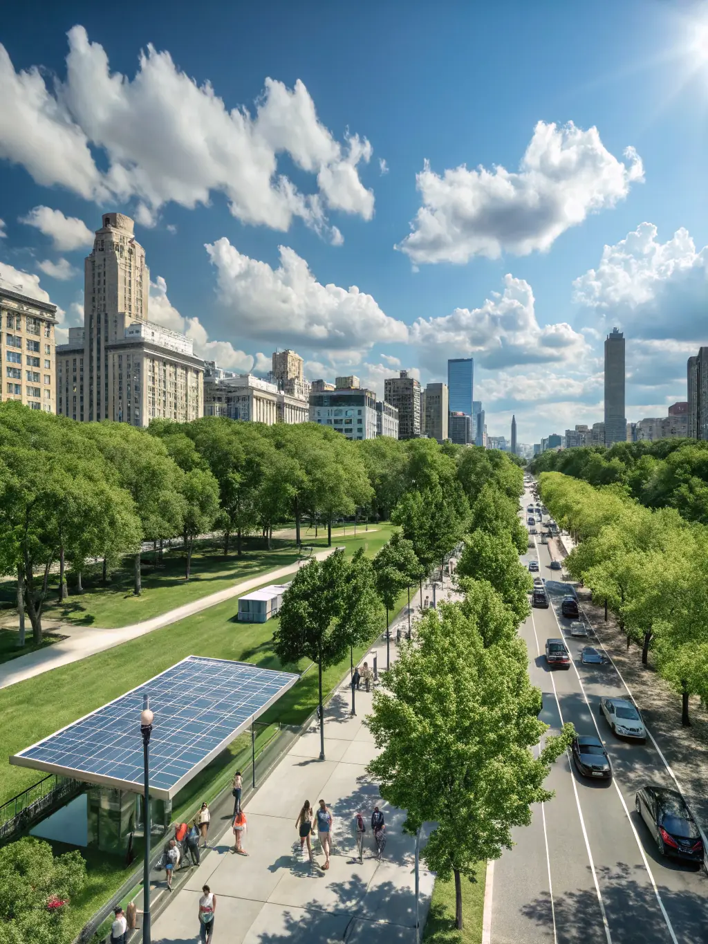 A cityscape with wind turbines and solar panels, representing the renewable energy sector's drive for sustainable and innovative technologies.