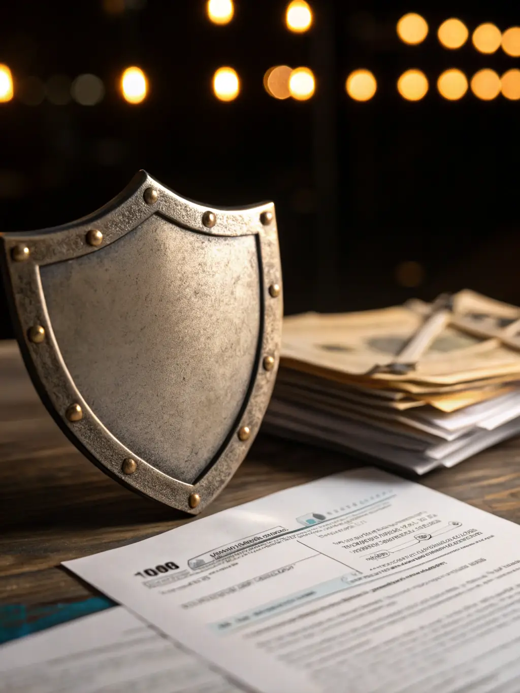 An image of a shield overlaid with legal documents, symbolizing defensive filings.