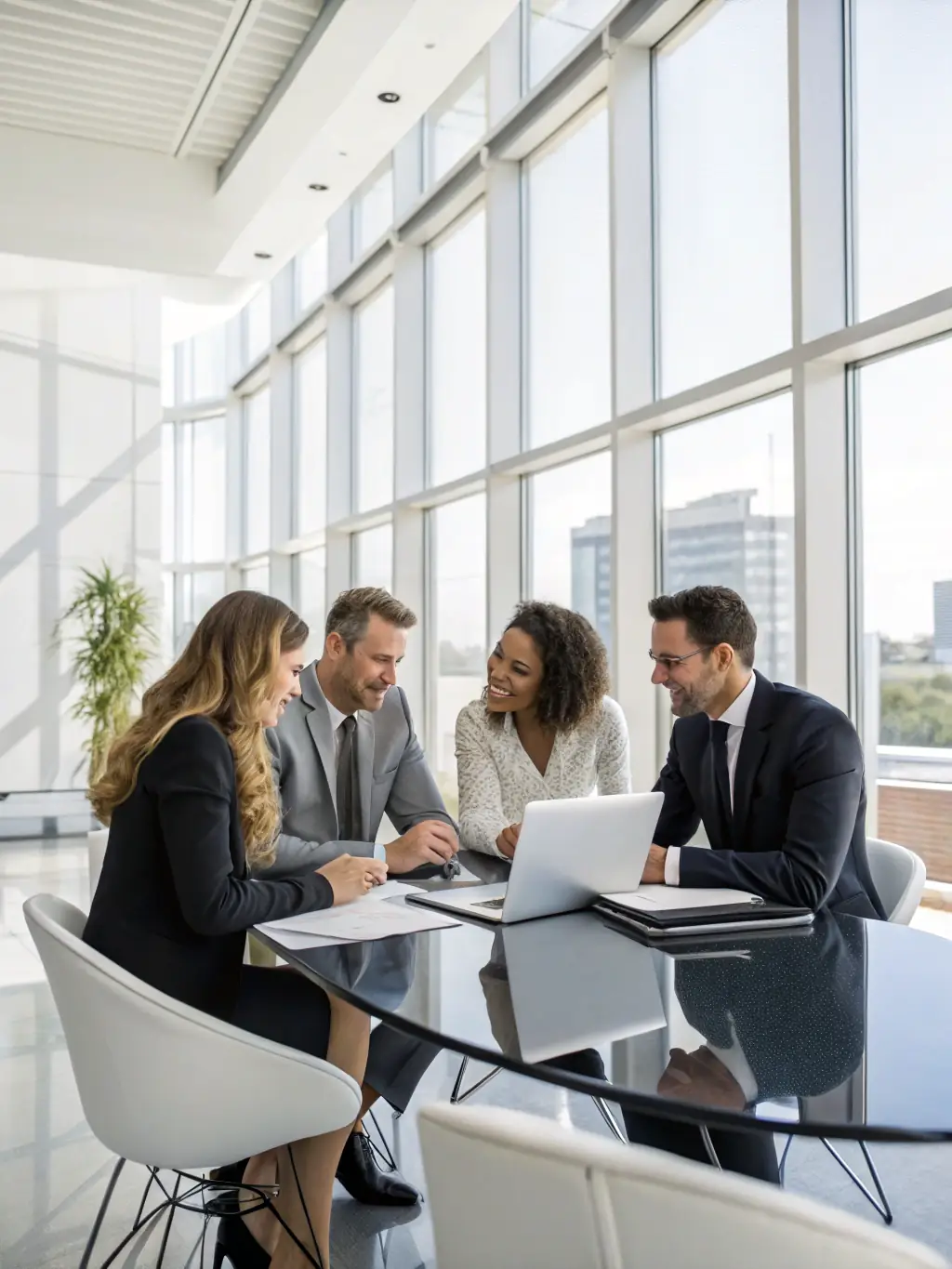 A high-resolution image depicting a strategic assessment meeting with minimal disruption, showing executives engaged in a focused discussion around a table, emphasizing efficiency and clarity.