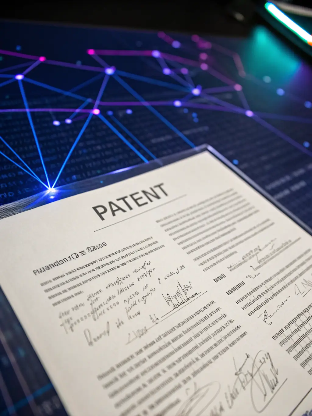 A futuristic image showing patents extending into the horizon, representing future-use claims.